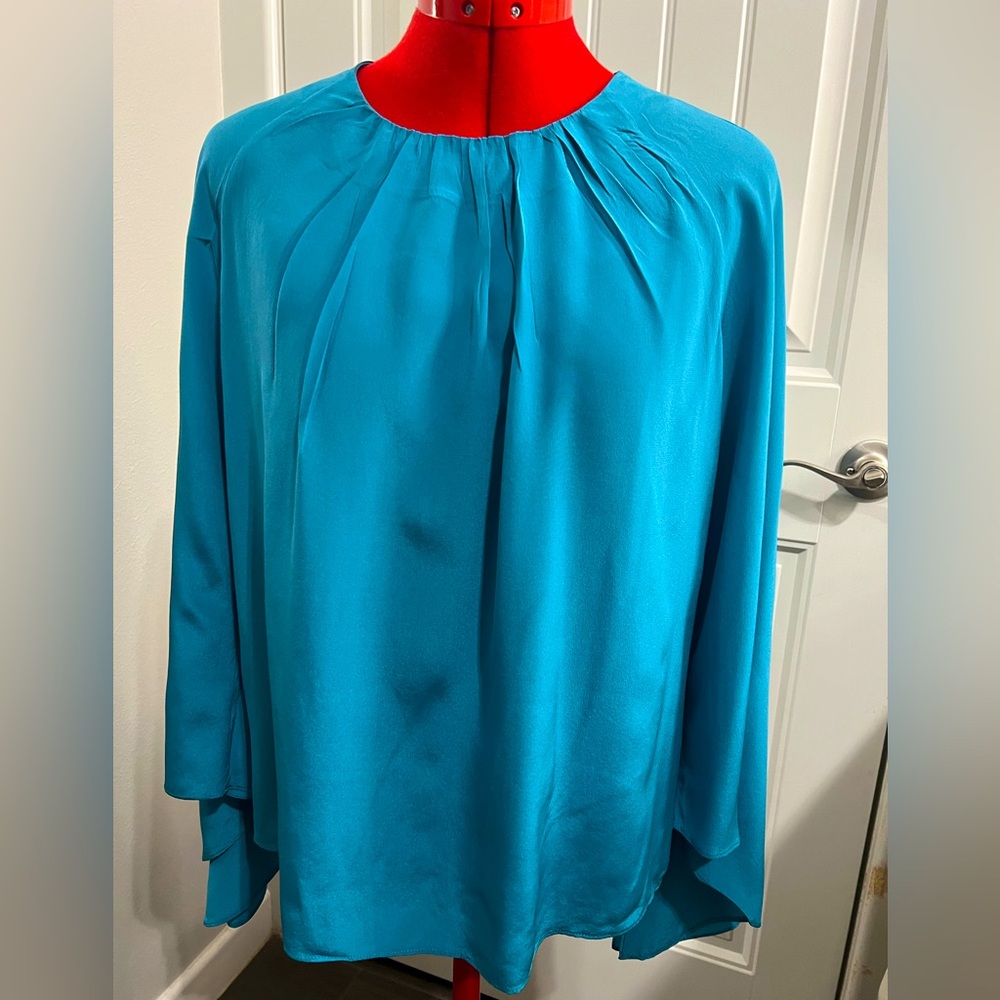 CURETE 100% SILK Blouse, Elegant Blue Women's size 10 with long flowing sleeves